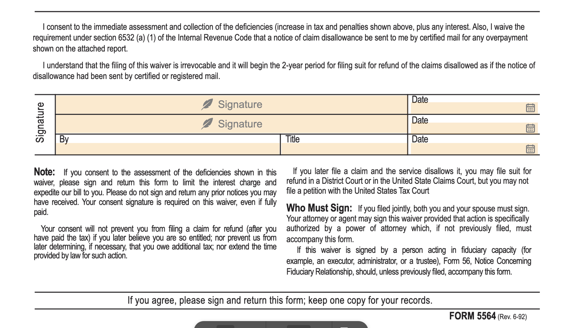Bottom portion of IRS Form 5564, showing the printed consent and waiver language, signature blocks, and instructions on who must sign