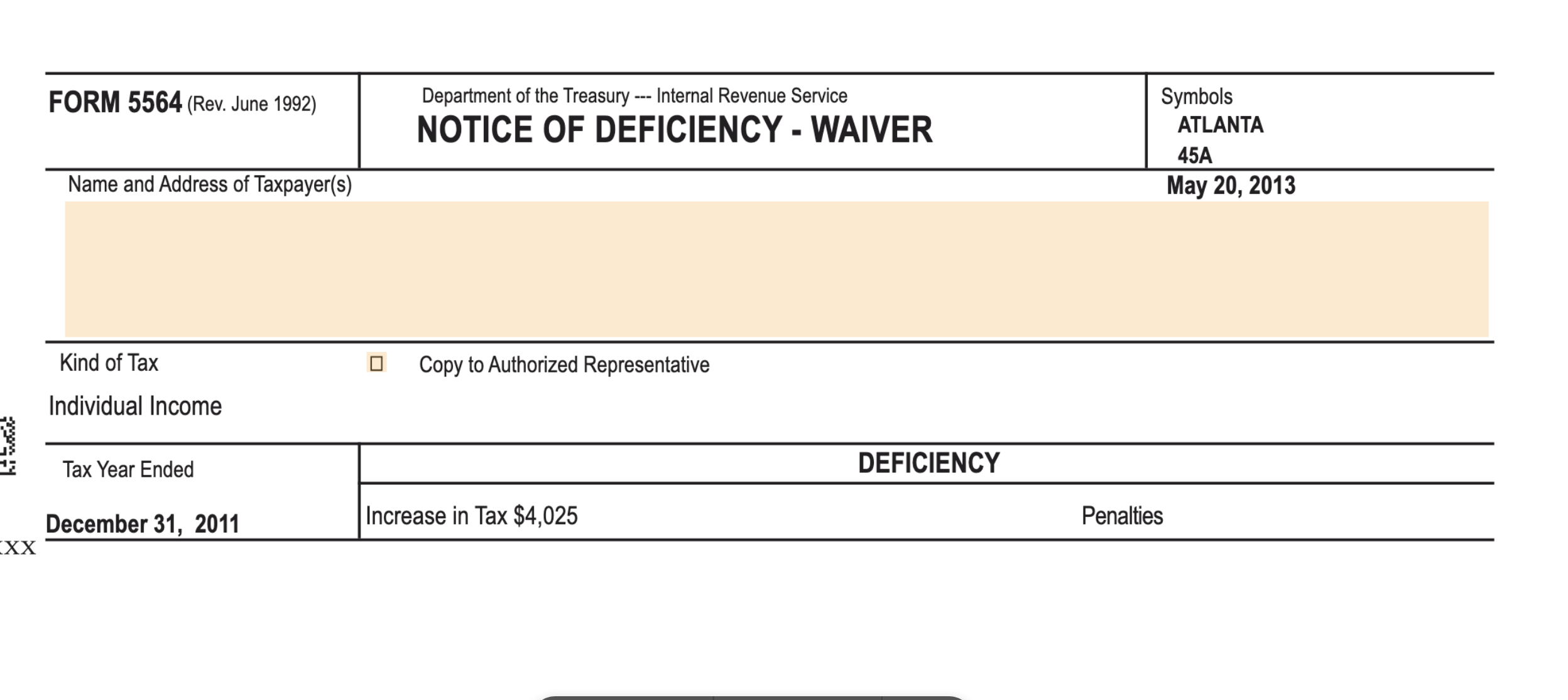 Top portion of IRS Form 5564, Notice of Deficiency - Waiver, showing the header, service center symbols, tax year, and proposed deficiency amount fields